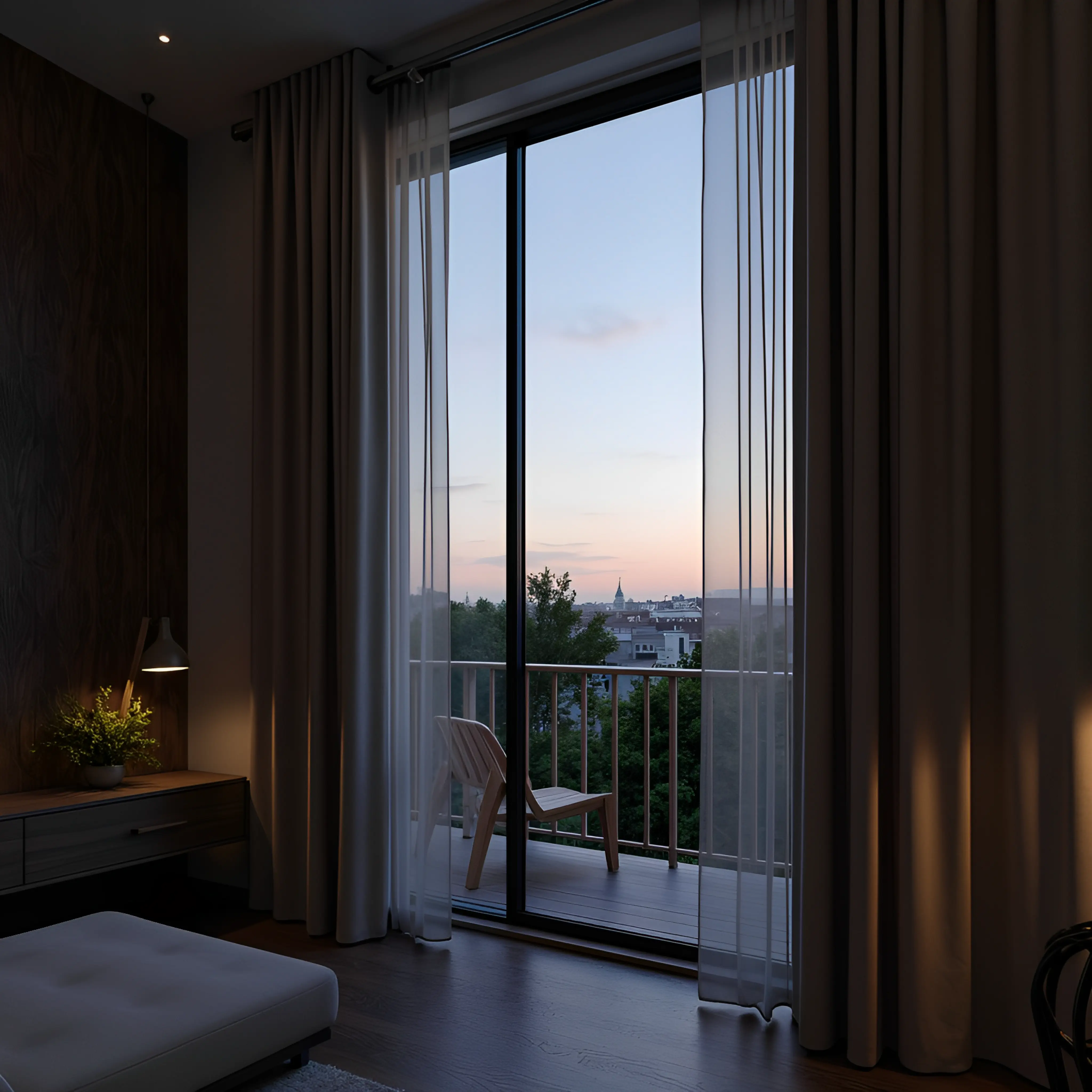 Schlafzimmer Balkonblick Stadtansicht