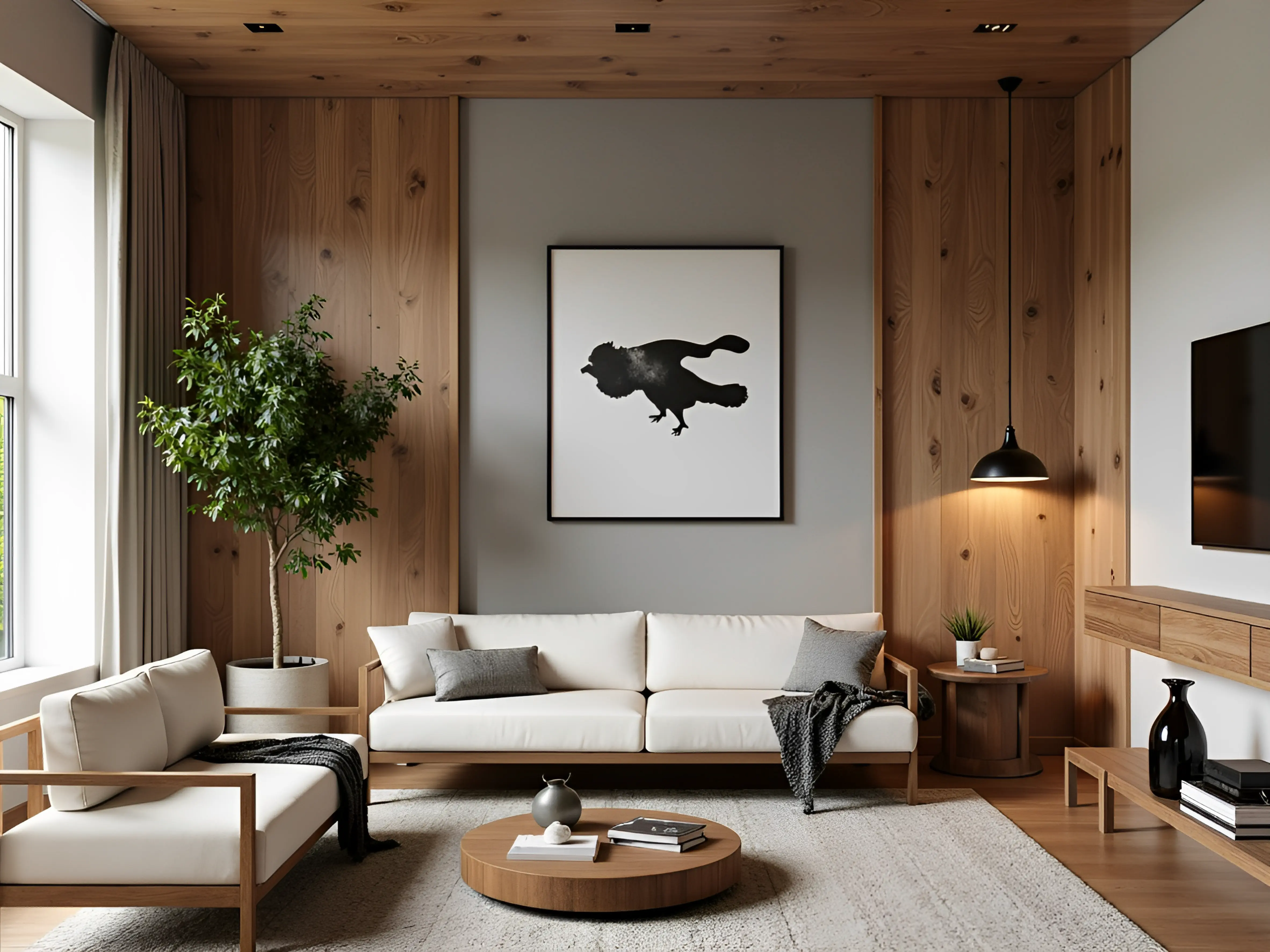 Wohnzimmer Holzdecke Sofa Creme