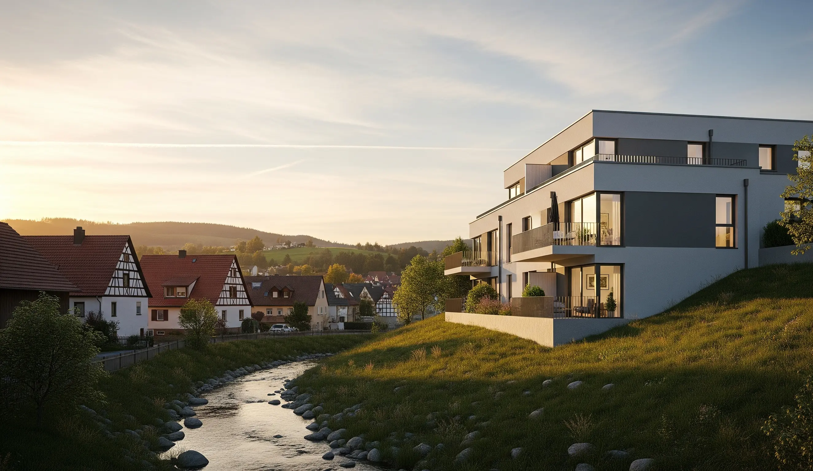 Mehrfamilienhaus Fassade Bach Sonnenaufgang