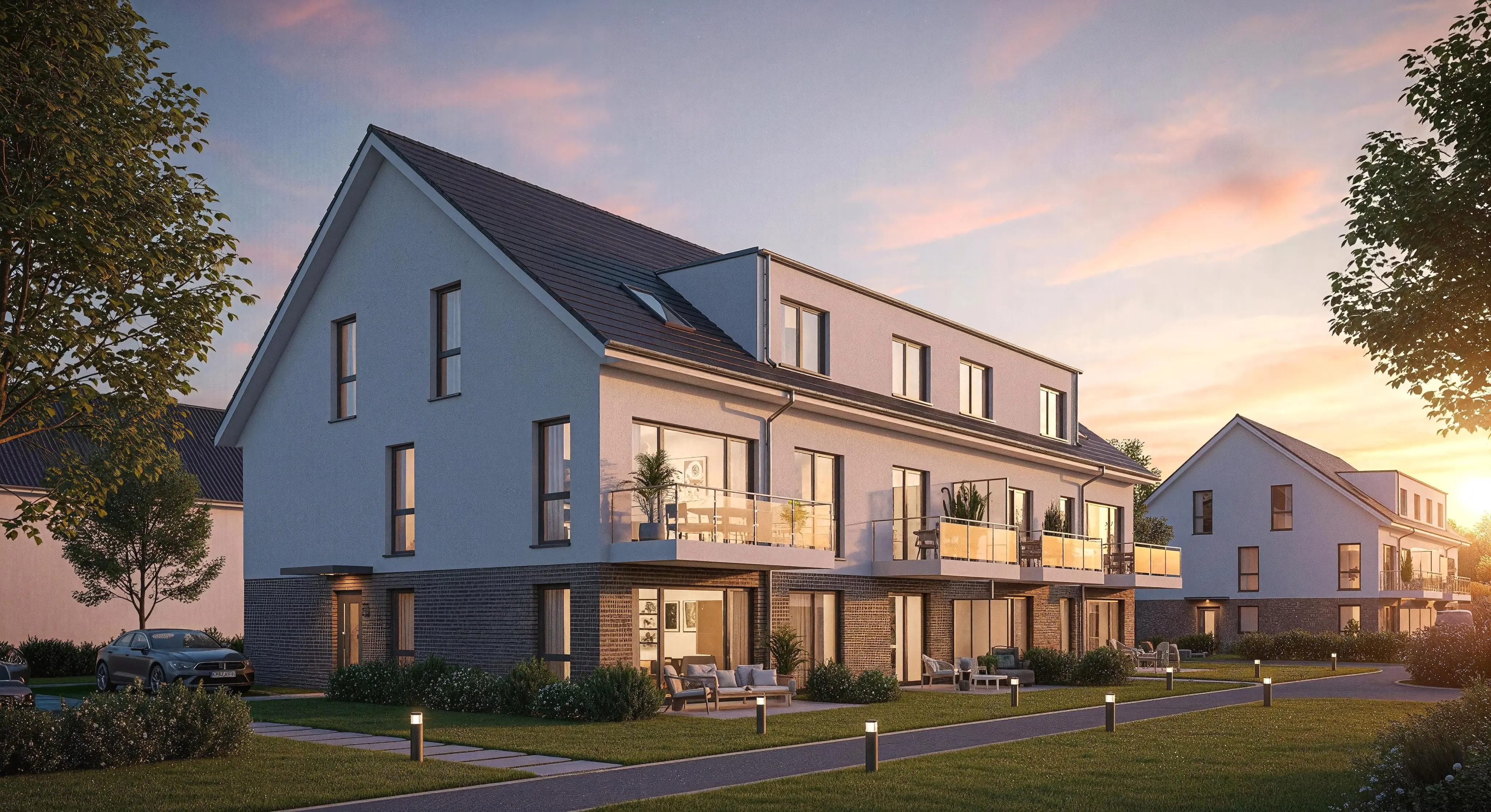 Mehrfamilienhaus Außenansicht Abendstimmung